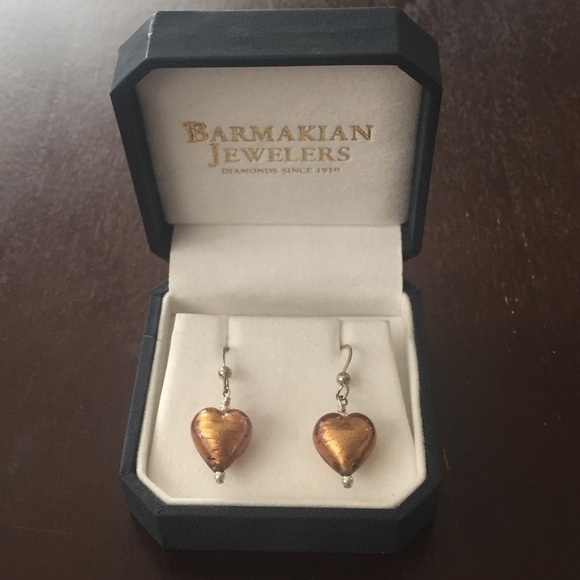 Barmakian Vintage Gold Tone Foil Murano Venetian Glass Heart Dangle Earrings Box - Picture 4 of 11